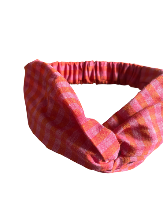 Pink Multi check - Twisted knot headband - Khadi indian cotton